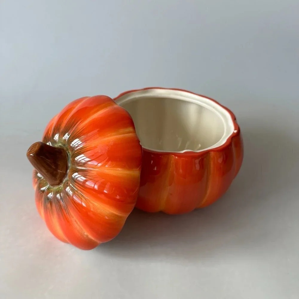 FTD 6 1/2 inch Orange Ceramic Fall Halloween Pumpkin Cookie Jar Decoration - Picture 4 of 6